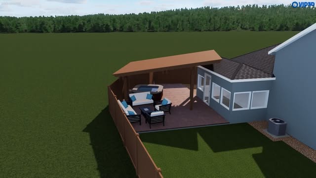 A 3D design rendering of a covered patio with outdoor furniture behind a home