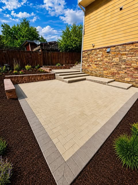 Paver patio with a stone retaining wall, steps, and a built-in bench