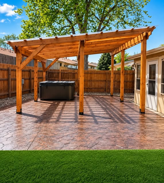 Cedar pergola over a stamped concrete patio with a hot tub and turf